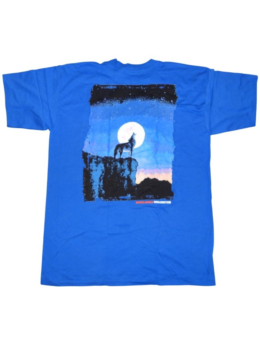 Vintage 1990s Marlboro Unlimited Blue Wolf T-Shirt Mens XL Cigarette Tee